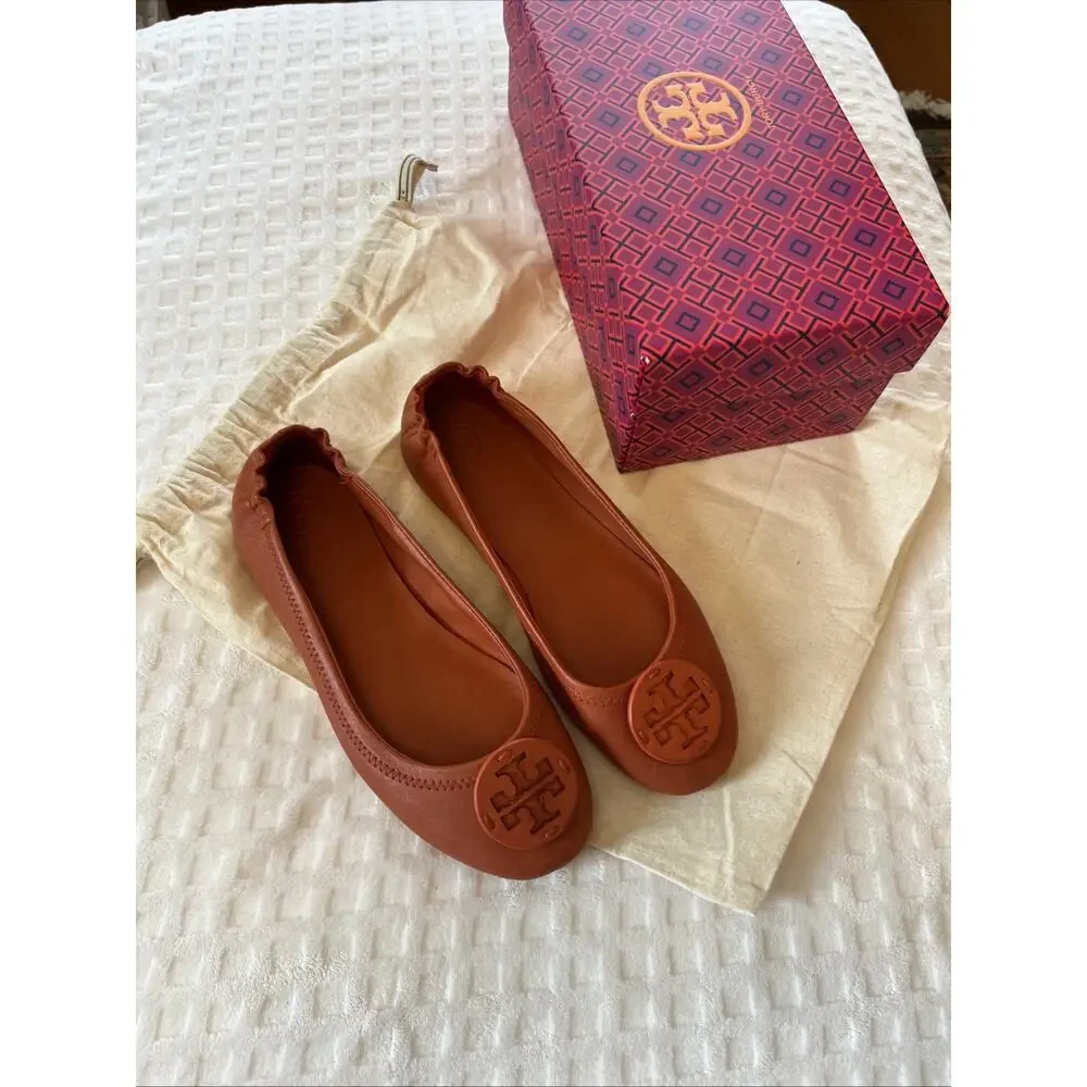 Tory Burch 7 Ballet Ballerina Flats Leather Orange Reva Minnie Travel w/ Box